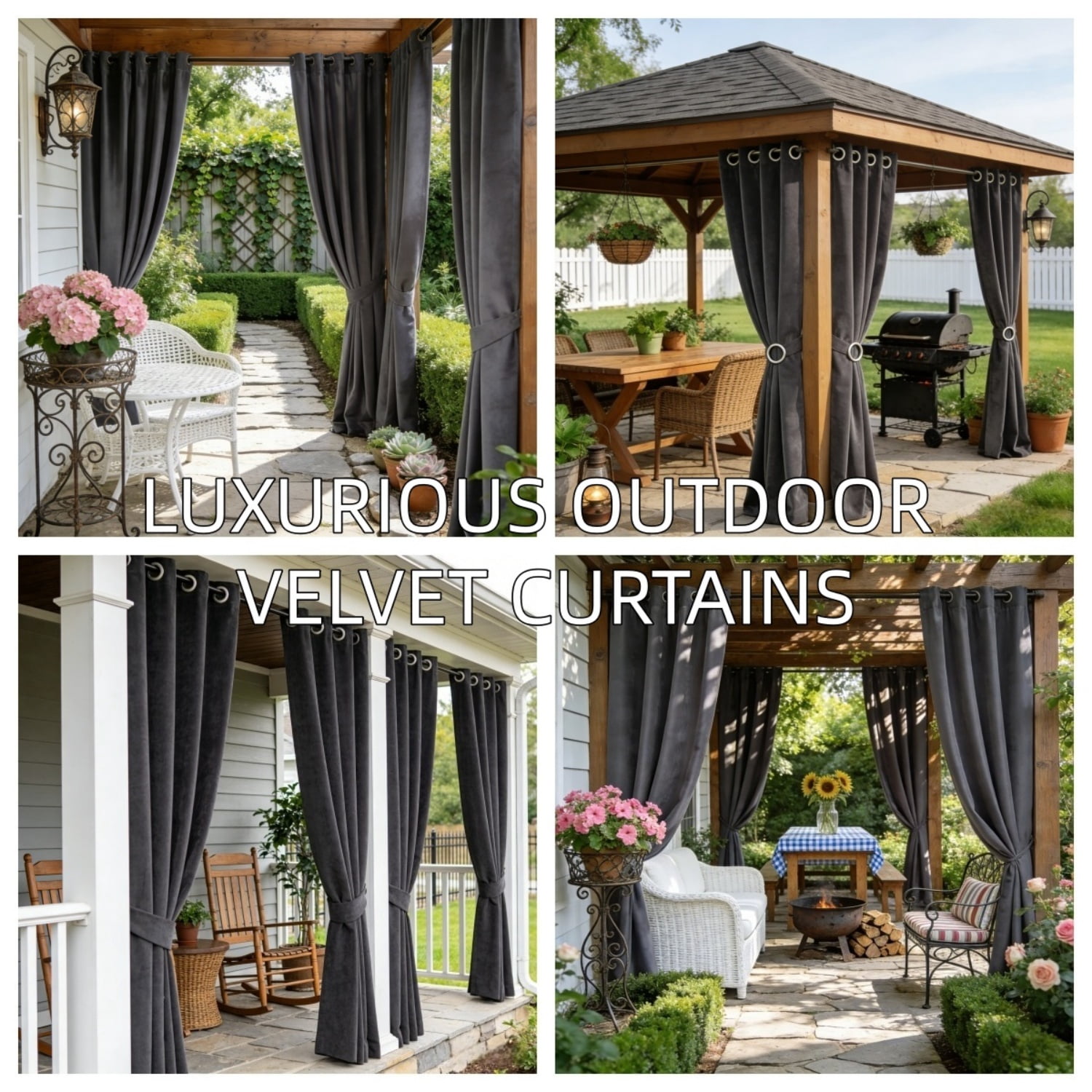 SNITIE Velvet Outdoor Curtains 52x84/96/108 Inch Set of 4 - Grommet Top, UV & Water Resistant, Fade-Resistant, Machine Washable for Gazebo Patio Porch
