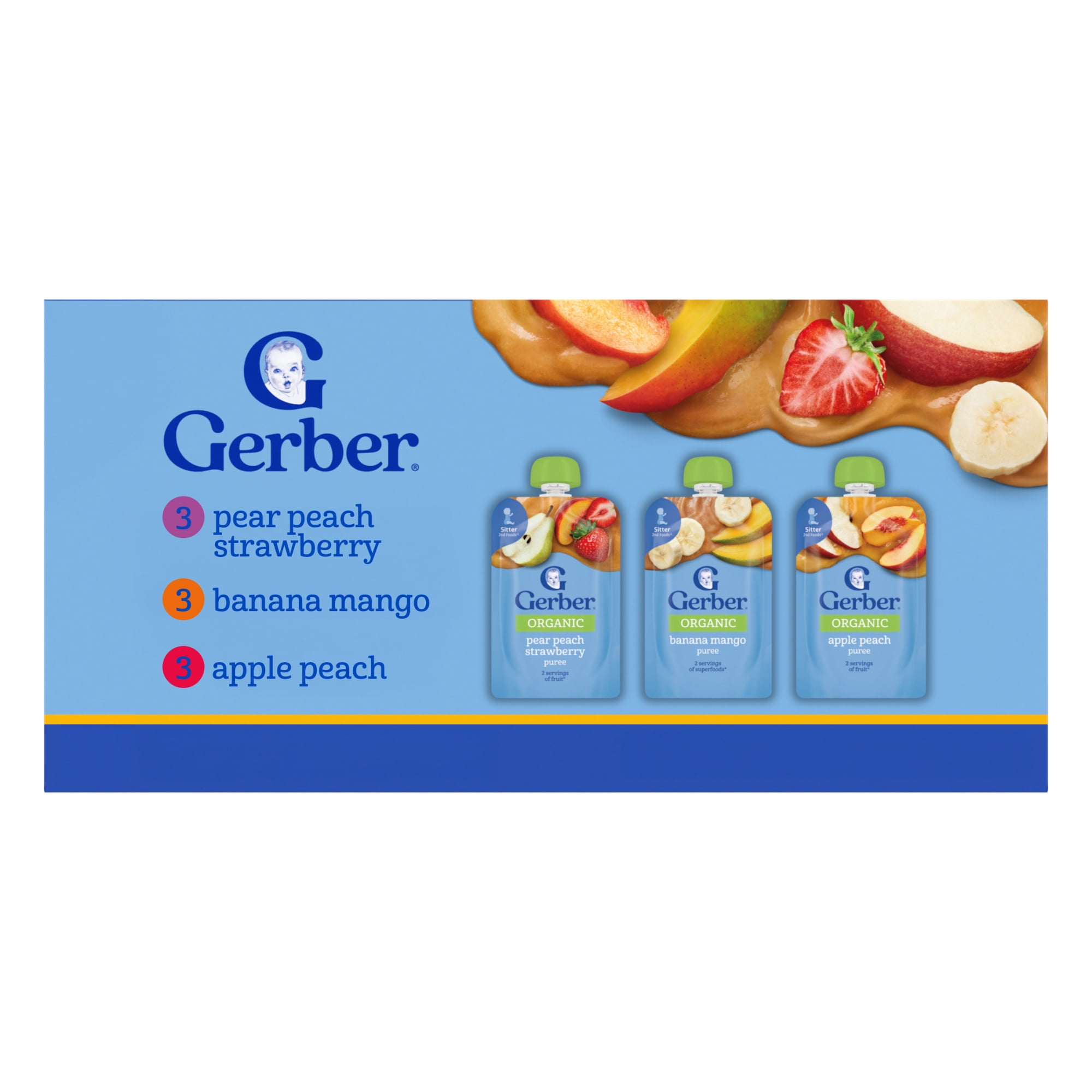 Gerber Stage 2 Baby Food, 6+ Months, Organic Fruit Favorites Puree Pouches, Variety Pack, 9PK, 3.5 oz Pouch