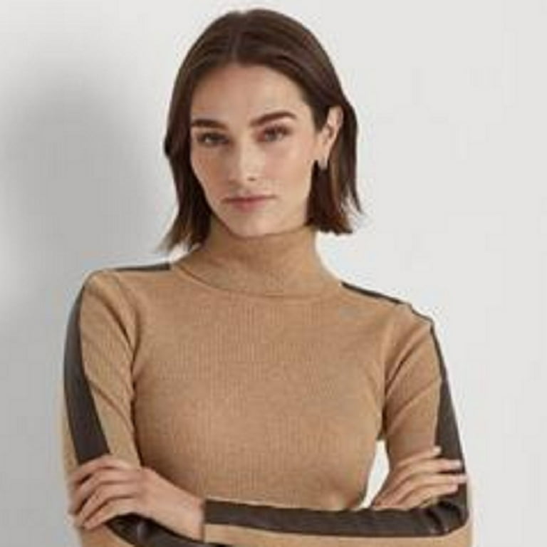 Ralph Lauren Women's Faux Leather Trim Turtleneck Sweater Brown Size Medium