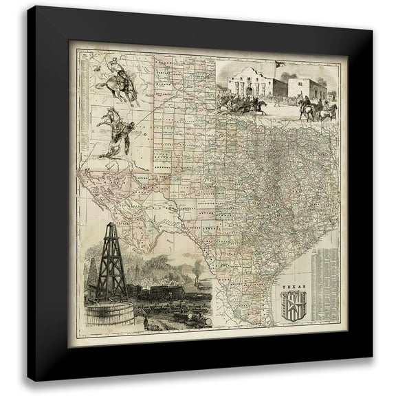 Vision Studio 12x12 Black Modern Framed Museum Art Print Titled - Map of Texas