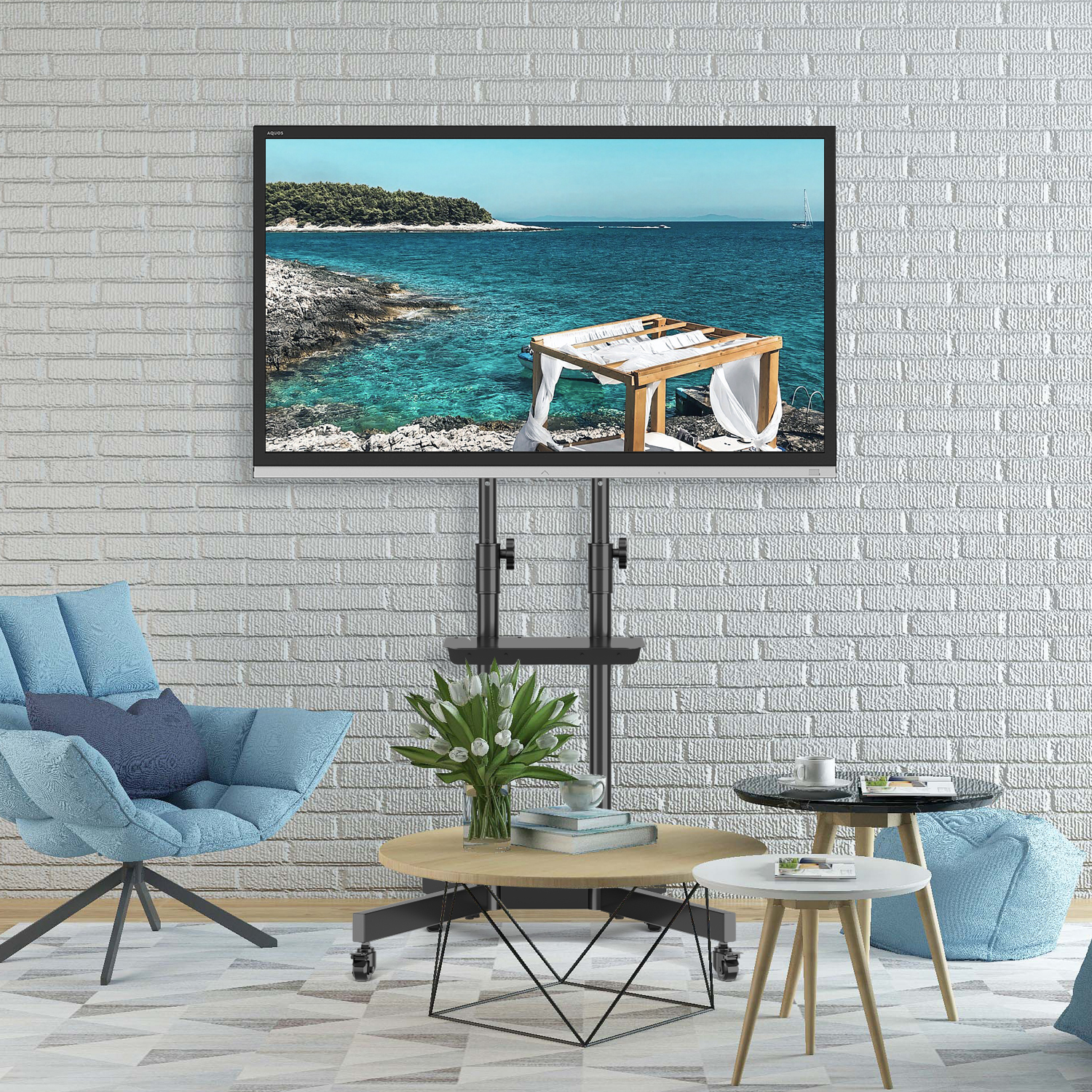 Modern Mobile Rolling TV Stand for TVs up to 75 inch Black Finish Metal