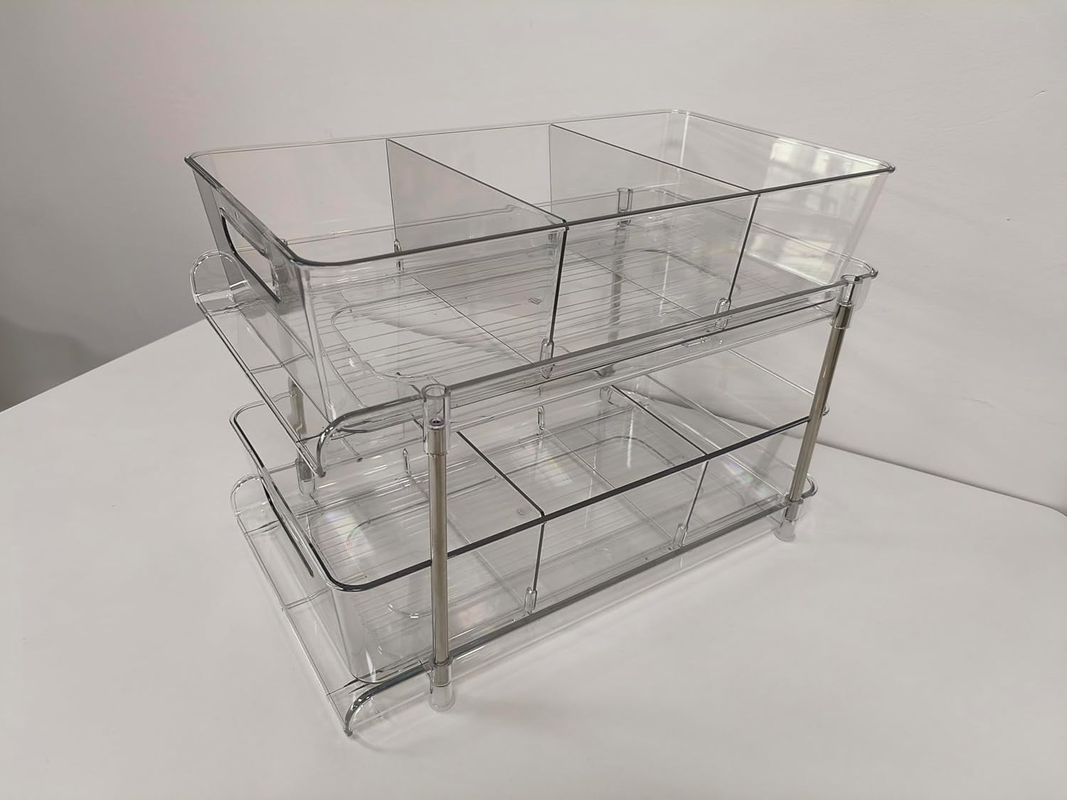 4 Pack Bathroom Organizer Bins Under Sink Storage Containers with Pull-Out Track, 2 Tier Vanity Countertop Cabinet Drawers for Kitchen Pantry
