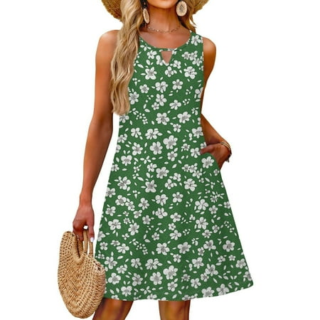 OIOLOYJM Womens Summer Dresses 2025 Bohemian Floral Print Sleeveless Sundress Flowy Eyelet Swimsuit Cover Up Dress Crew Neck Beach Tank Dress with Pockets Green L