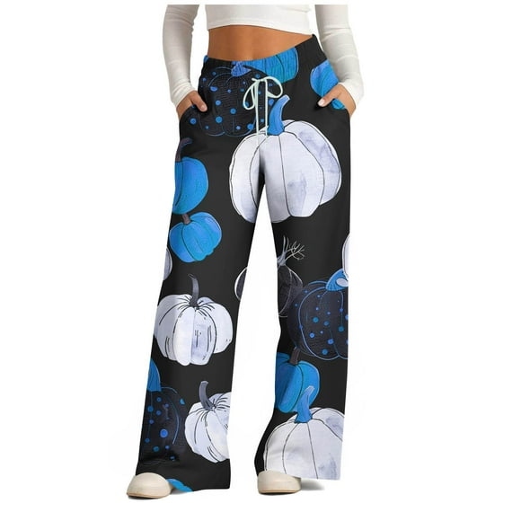Pisexur Womens Sweatpants Fashion Graphic Print Halloween Pants Elastic Waist Drawstring Athletic Hiking Pants Casual Baggy Oversized Wide Leg Pants Trousers with Pockets S-3XL