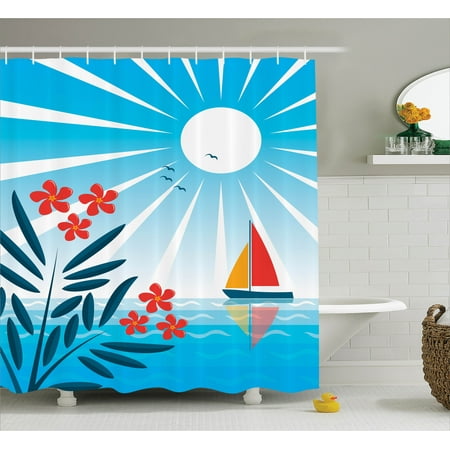 - Kids Shower Curtain Set, Oleanders and Sailing Boat in the Sea Sunny Day Gulls Positive Life Theme, Bathroom Decor, Blue Red White, by Ambesonne