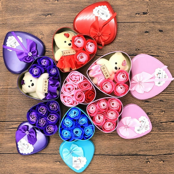 1 Set Artificial Soap Rose Flower Bear Doll Valentine Day Gift Box Party Decor Brown Soap Flower + Plush Bear + Iron Box