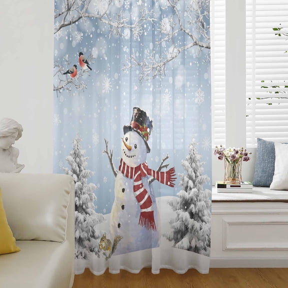 Blue Christmas Semi Sheer Curtains Drapes for Living Room,Bedroom,French Doors Window 54 Inches Long,Snowman Xmas Tree Snowflake Winter Birds Rod Pocket Chiffon Curtain Drapery Voile Draperies Panel