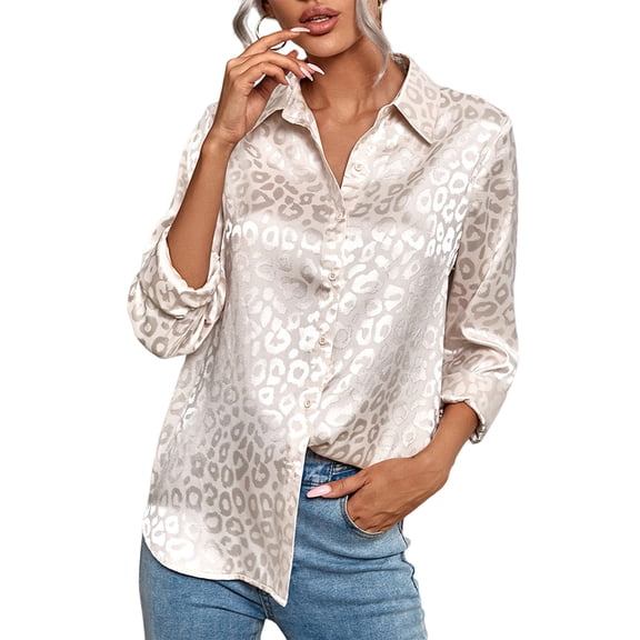 Womens Soft Satin Silk Leopard Button Down Shirts Silky Long Sleeve Work Shirt Dress Blouses Tops Color XL