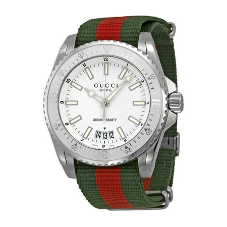 Gucci Dive Silver Dial Red and Green Nylon Mens Watch (Best Luxury Dive Watches For Men)