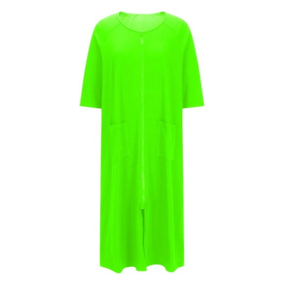 Women Robes Zipper Front 3/4 Sleeve Long Housecoat with Pockets Lightweight Loungewear Bathrobe Silk Pajama Skirt Green S