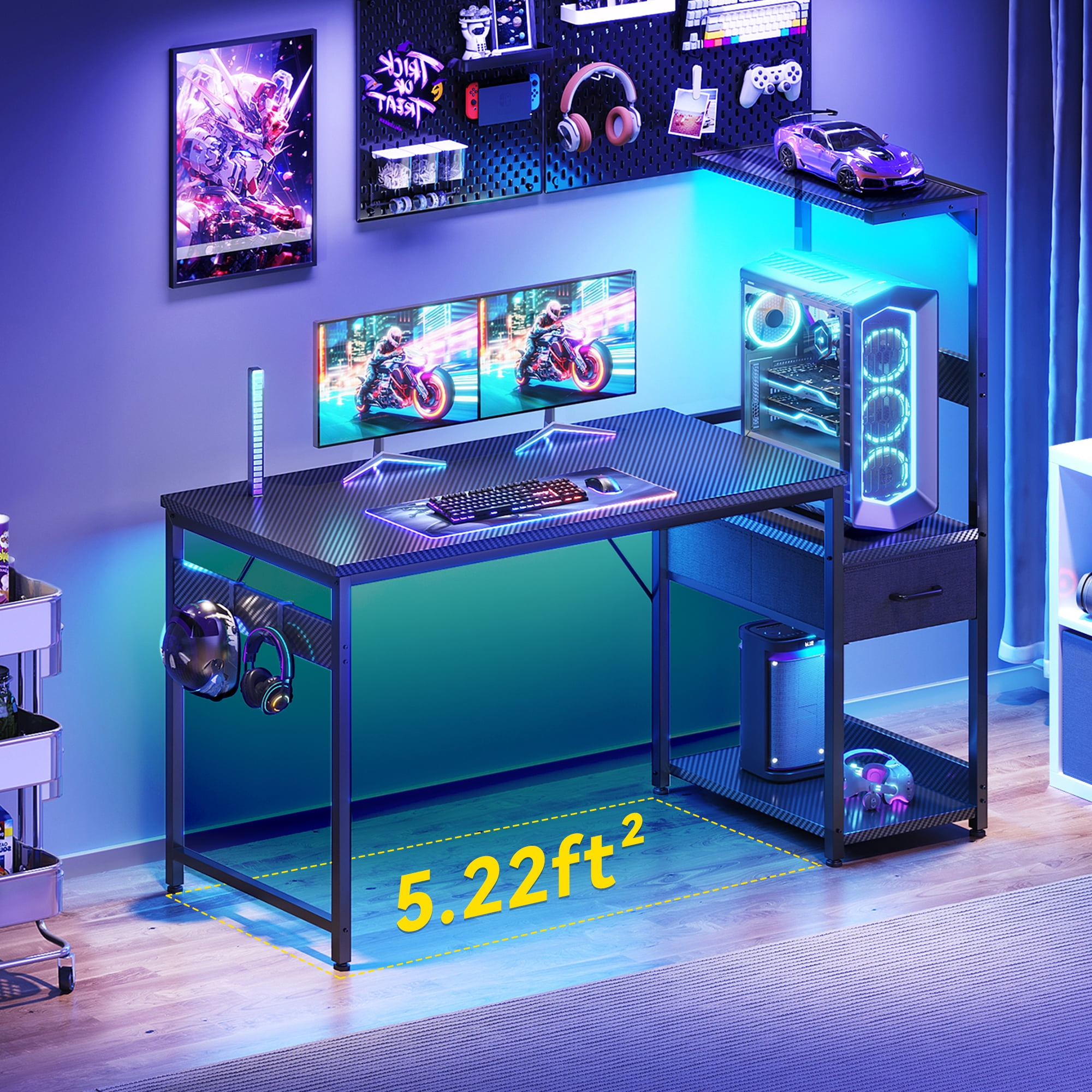 48" Gaming Desk with LED Lights & Storage Drawer, Reversible Computer Desk with Headphone Hook, Carbon Fiber Black