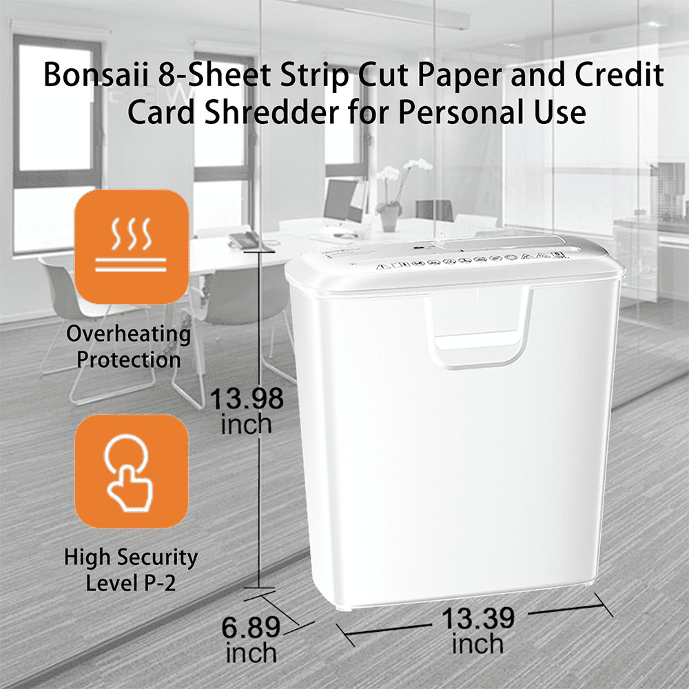 Bonsaii Home Office Shredder, 8-Sheet Strip-Cut, Shreds CDs/Credit Cards, Features Overheat Protection, 3.4-Gallon Bin, White