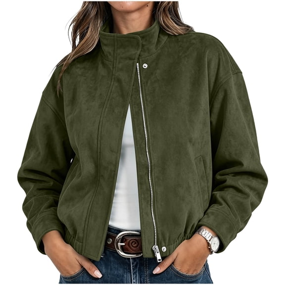 HAPIMO Women Faux Suede Jacket Zipper Standing Collar Coats Elastic Hem Cropped Outerwear Long Sleeve Fall Fashion Jackets with Pockets Army Green L