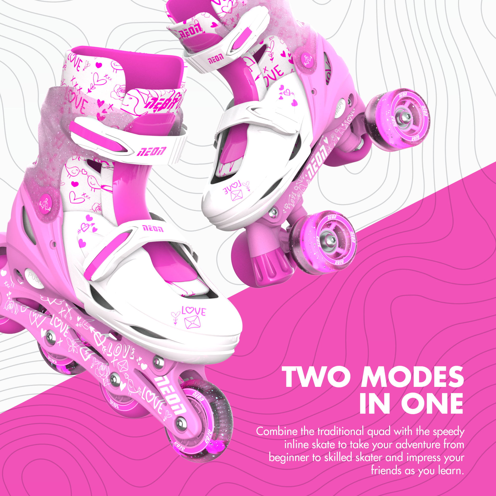 Neon Combo 2-in-1 Kids Inline Skates and Quad - Girls, Size 3-6 Adjustable,  One Pair, Pink
