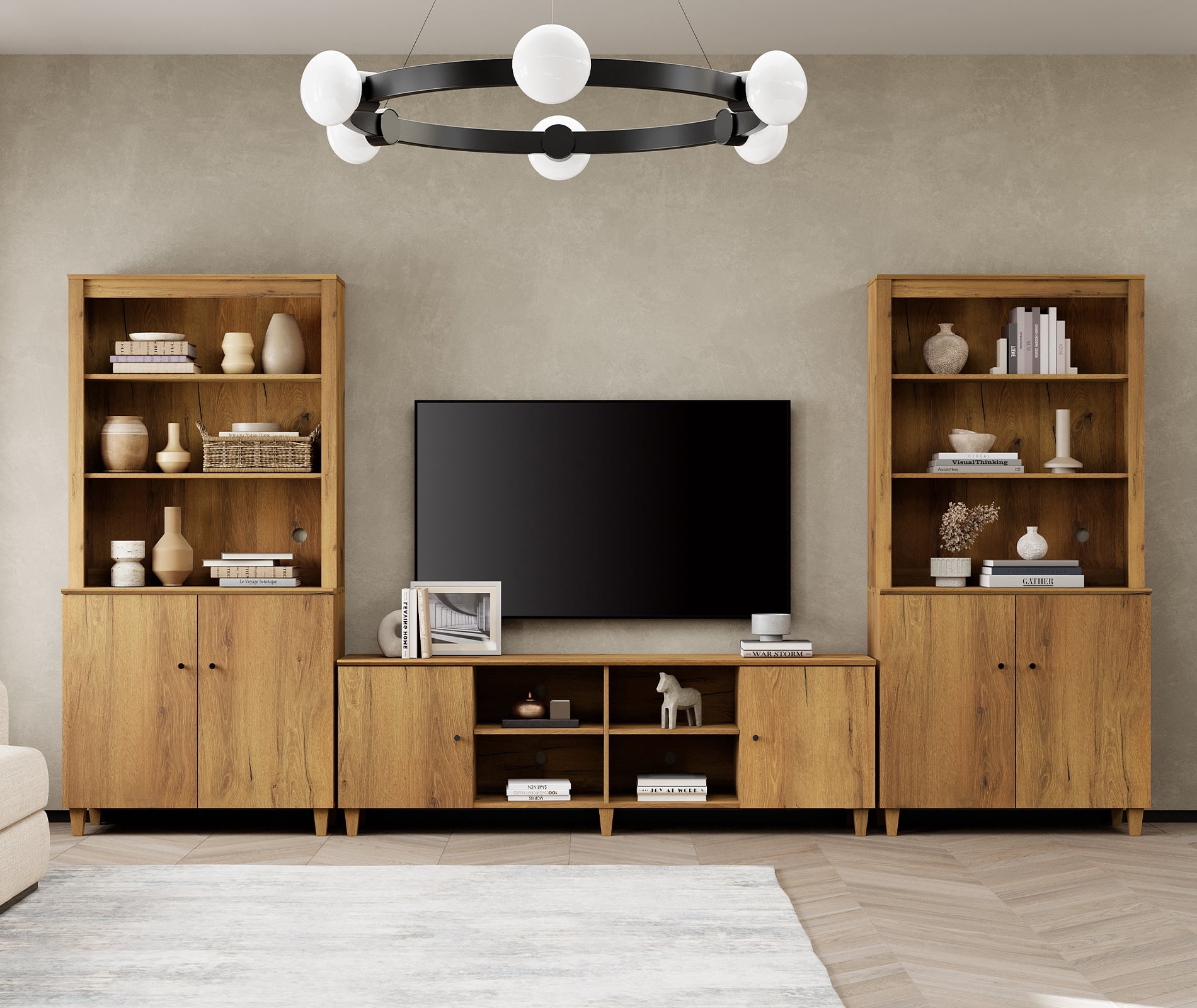 Modern TV Stand and Bookcase Set with Cabinets & Shelves for 75" TVs,Oak Brown