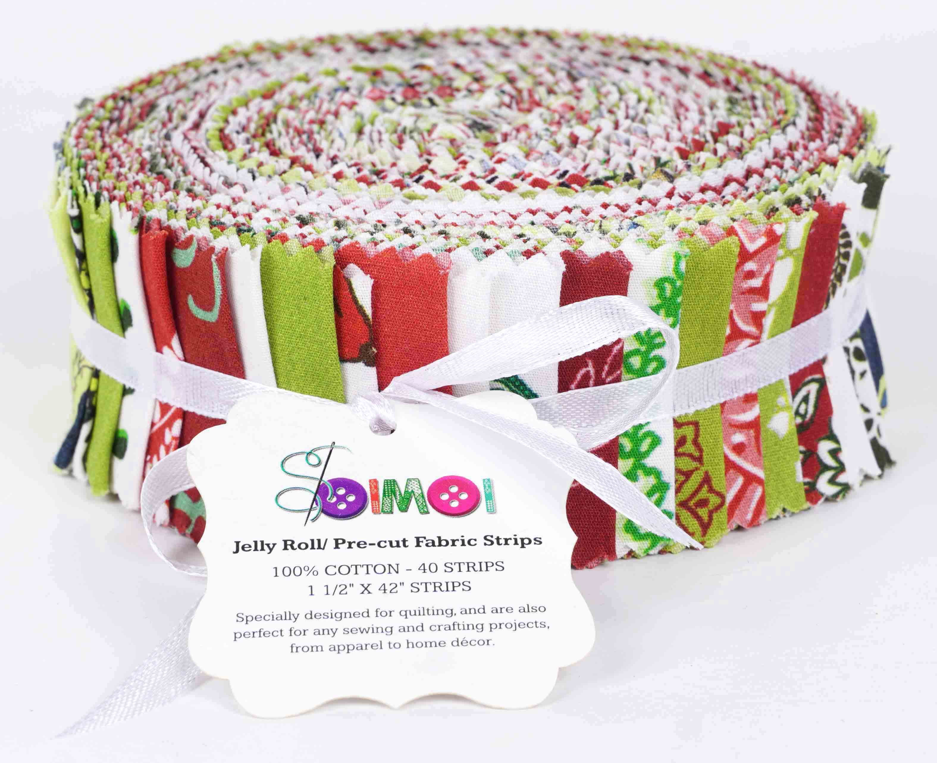 Soimoi 40Pcs Block Print Precut Fabrics Strips Roll Up 1.5x42inches Cotton Jelly Rolls For Quilting - Green