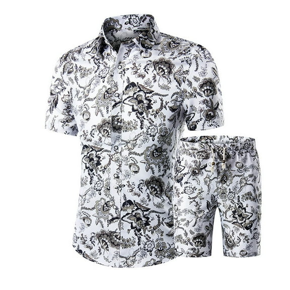 Awdenio Mens Floral Hawaiian Outfits 2 Piece Button Down Short Sleeve Shirt and Shorts Sets