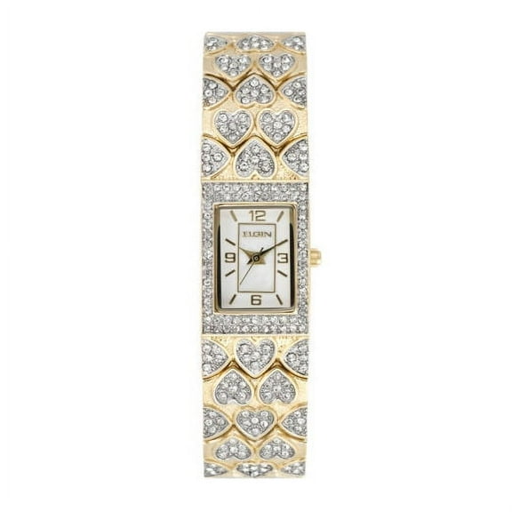 New Women Elgin Luxury Gold Tone Iced Out Stainless Steel Hearts Bracelet Watch eg8012s