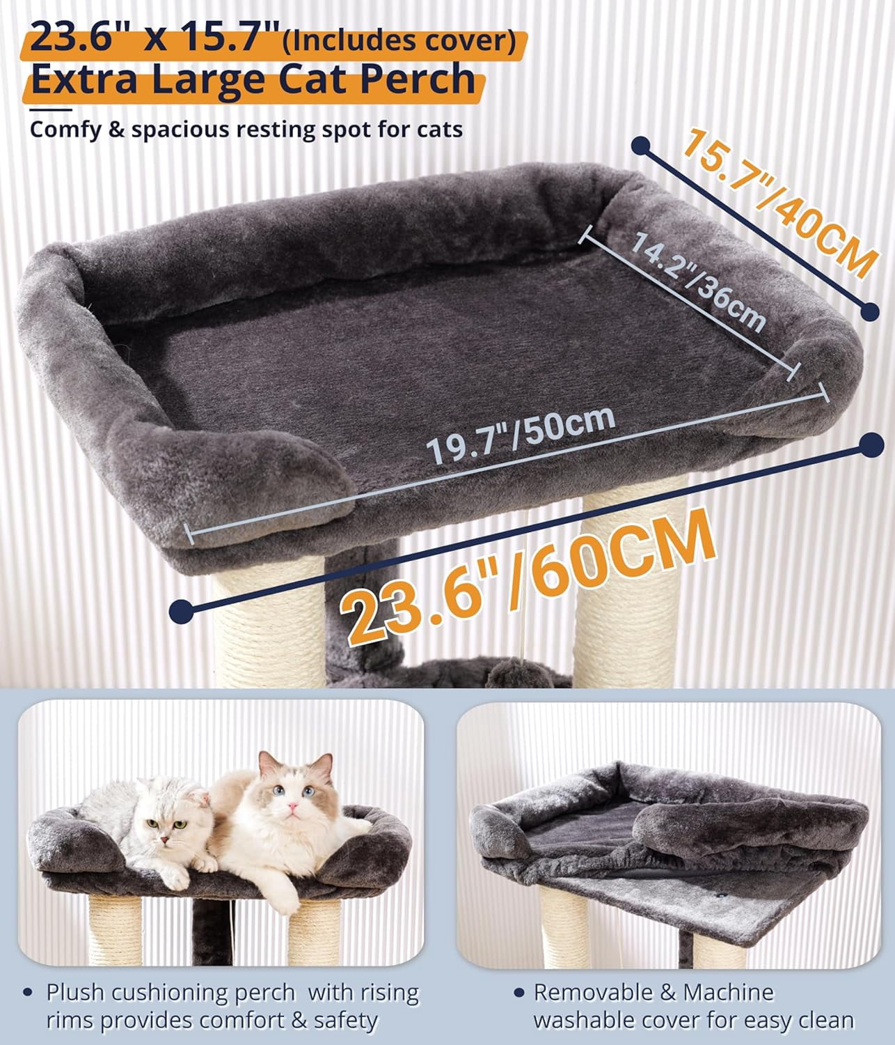 Cat Tree Tower for Indoor Cats, Cat Scratch Post with Large Bed for Maine Coon Big Cats, Sisal Cat Scratcher with Soft Perch & Hammock, Stable Cat Stand, Removable