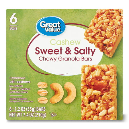 Great Value Sweet & Salty Chewy Cashew Granola Bars, 7.4 oz, 6 Count
