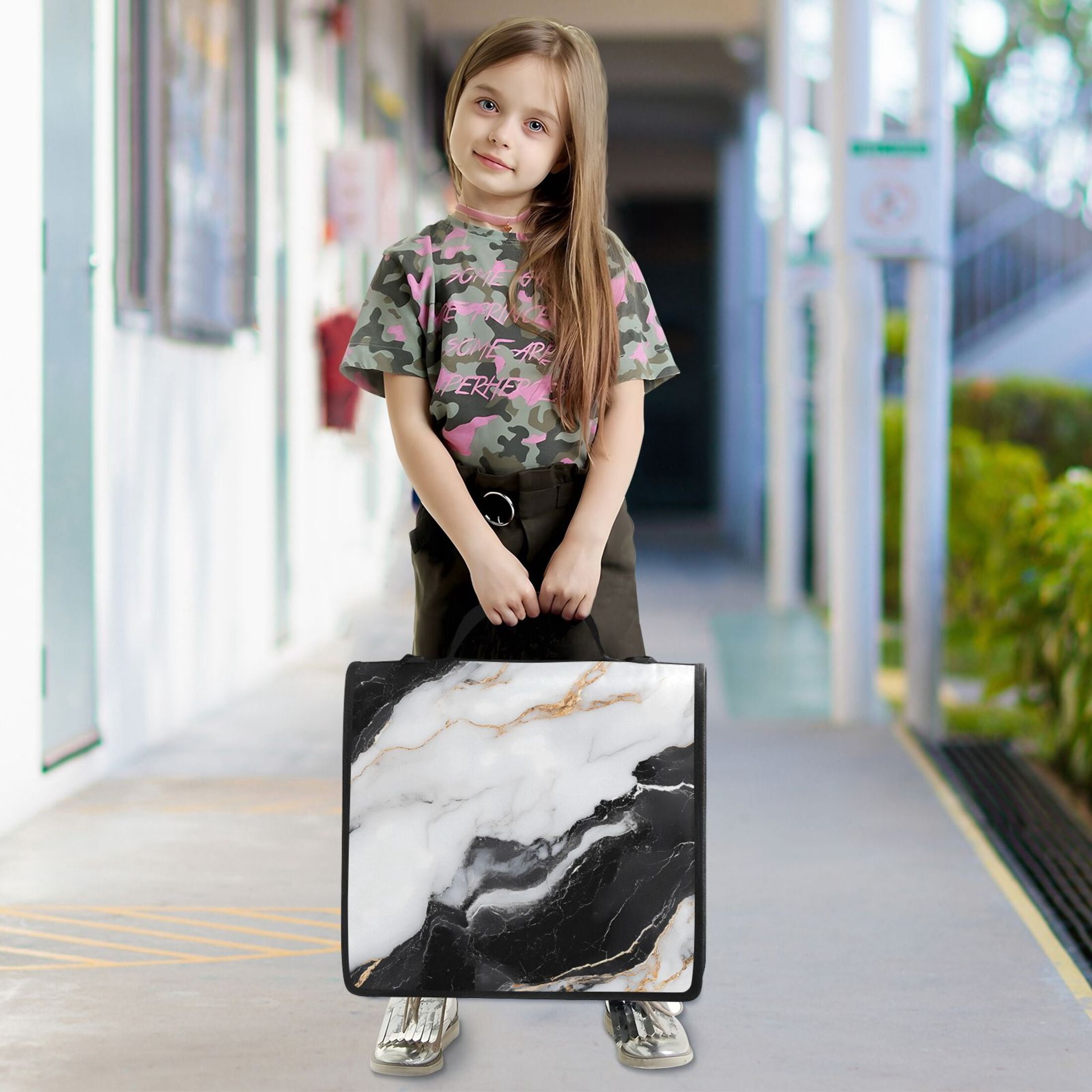 3 Ring Zipper Binder with Shoulder Strap Waterproof Trapper Keeper 2 Inch D-Ring 500 Sheets Capacity White Black Marble Texture