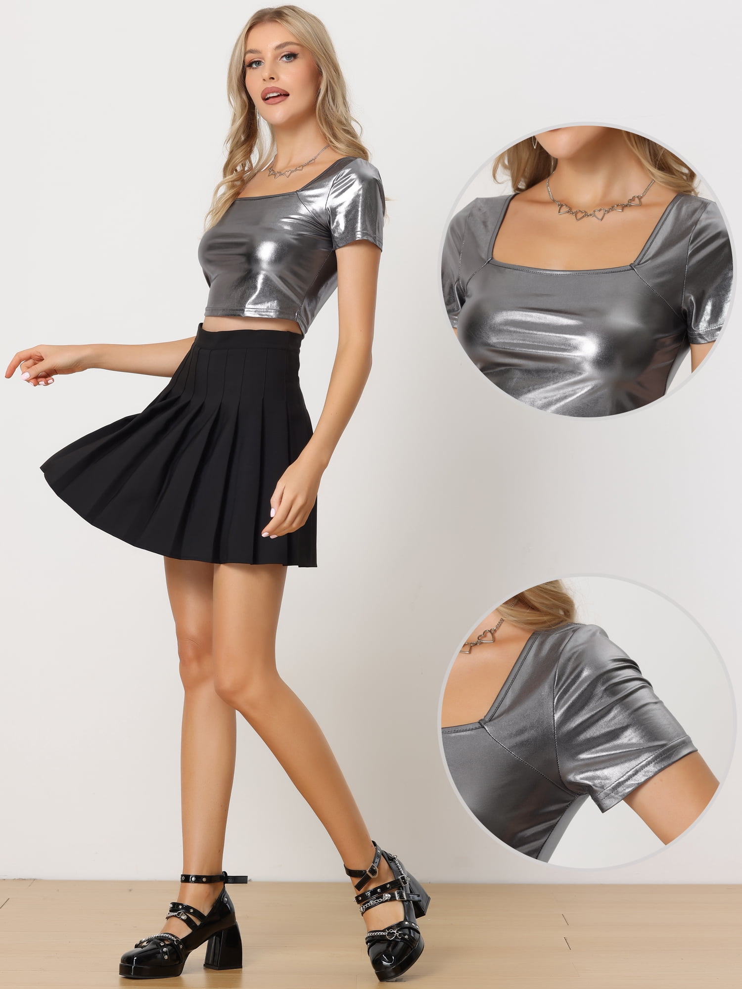 DARING DIVA Women's Square Neck Sparkly Halloween Metallic Crop Tops L Dark Silver