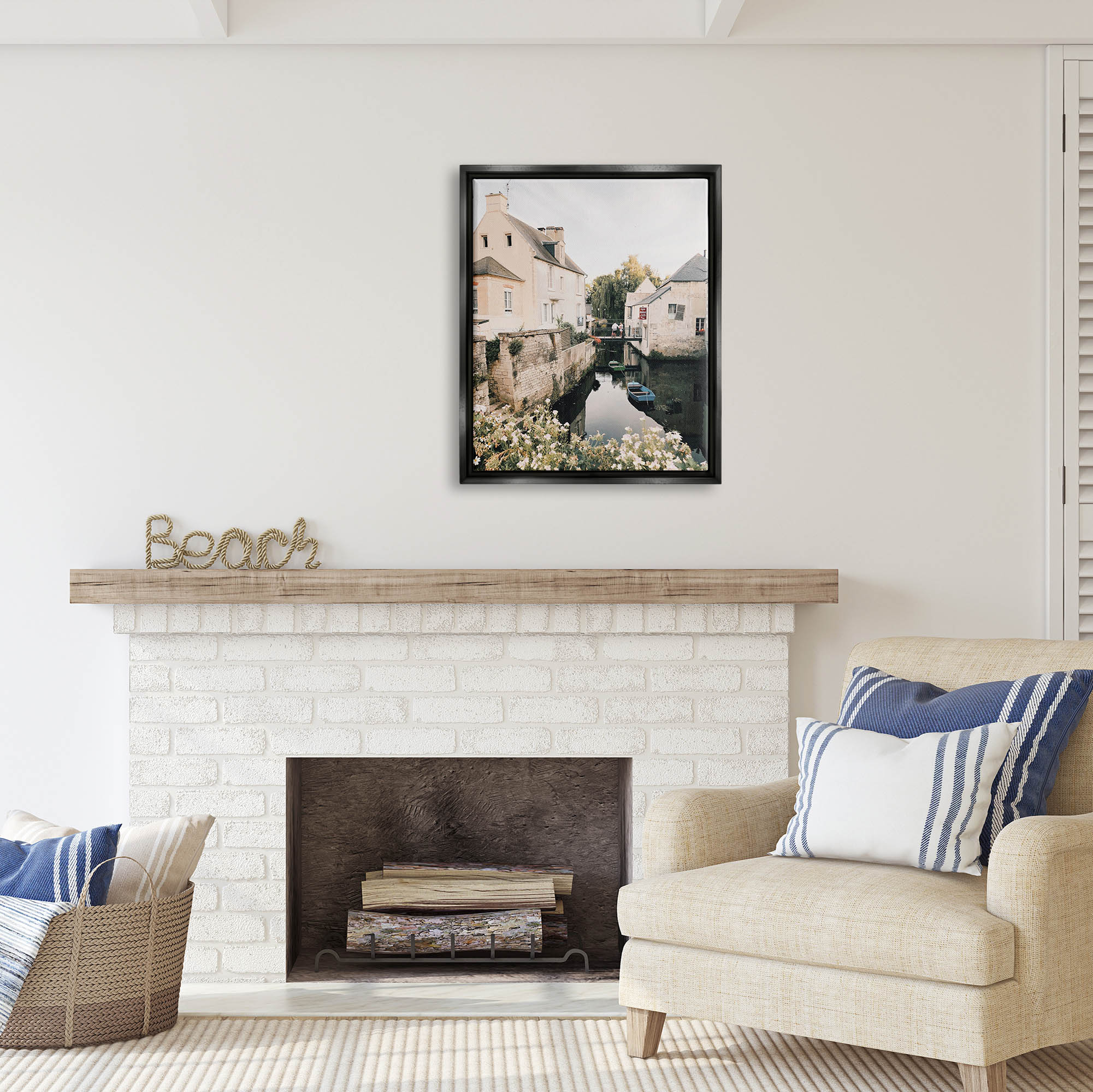 Stupell Industries Village Canal River Boats Garden Coastal Photography Black Floater Framed Art Print Wall Art