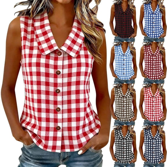 Lcziwo Peter Pan Collar Shirt for Women Dressy Summer Business Work Blouses Gingham Sleeveless Button Down Tank Top Black,S