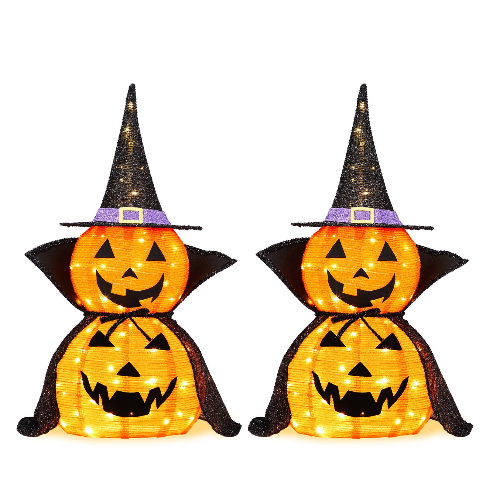 2Packs 3ft Collapsible Lighted Jack-O-Lantern Halloween Decor 176 LED Pop-Up Pumpkin Lamp Wizard Hat Cape Metal Frame For Indoor Outdoor Yard Decor