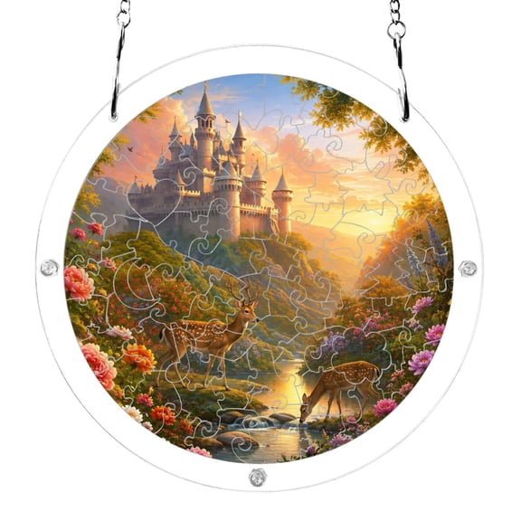 Fantasy Castle Deer Flower Garden Acrylic Jigsaw Puzzles 83 Pieces Suncatcher for Window Hanging 7.5 Inch Holiday Home Decor