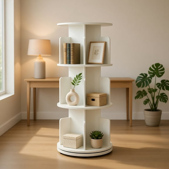 Spaco 3-Tier Rotating Bookshelf - 360° Swivel Anti-Fall, Easy Access Home Organizer, White