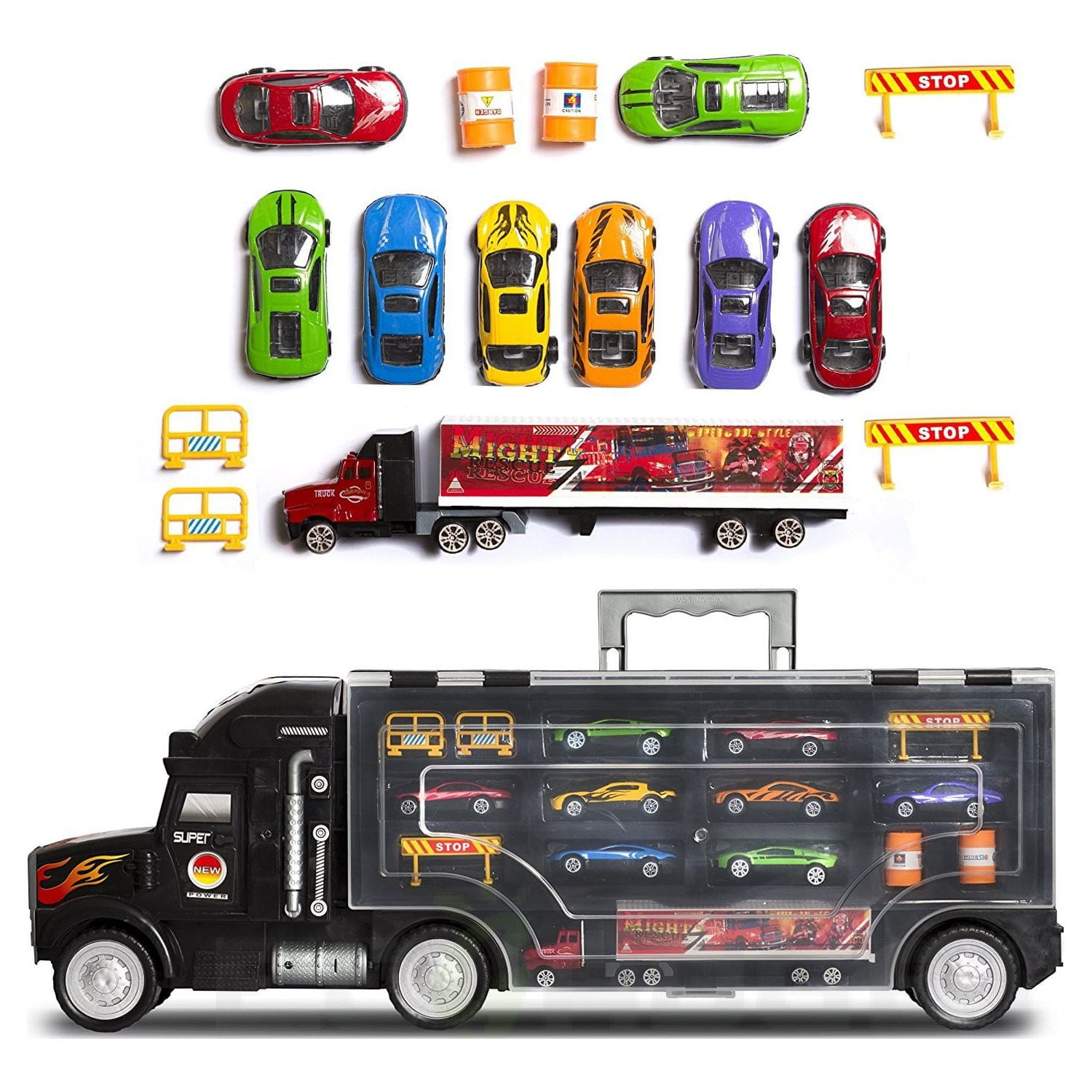 Toy Truck Super Mega Extra Large Tractor Trailer Car Collection Case Carrier Transport Toy Truck For Kids Includes 12 Cars 1 Small Tractor Trailer & 6 More Accessories