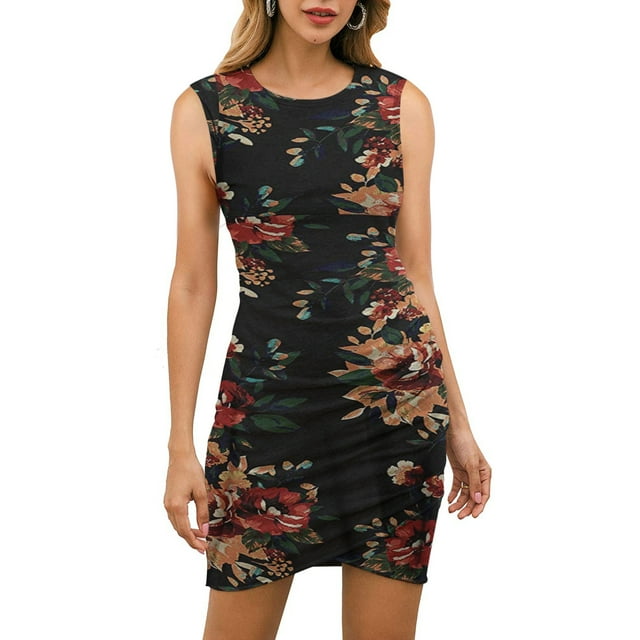 Nouvelle Robe Décontractée Aguichant Slim pour Femmes Col Rond Froncée Sans Manches Mini Robes