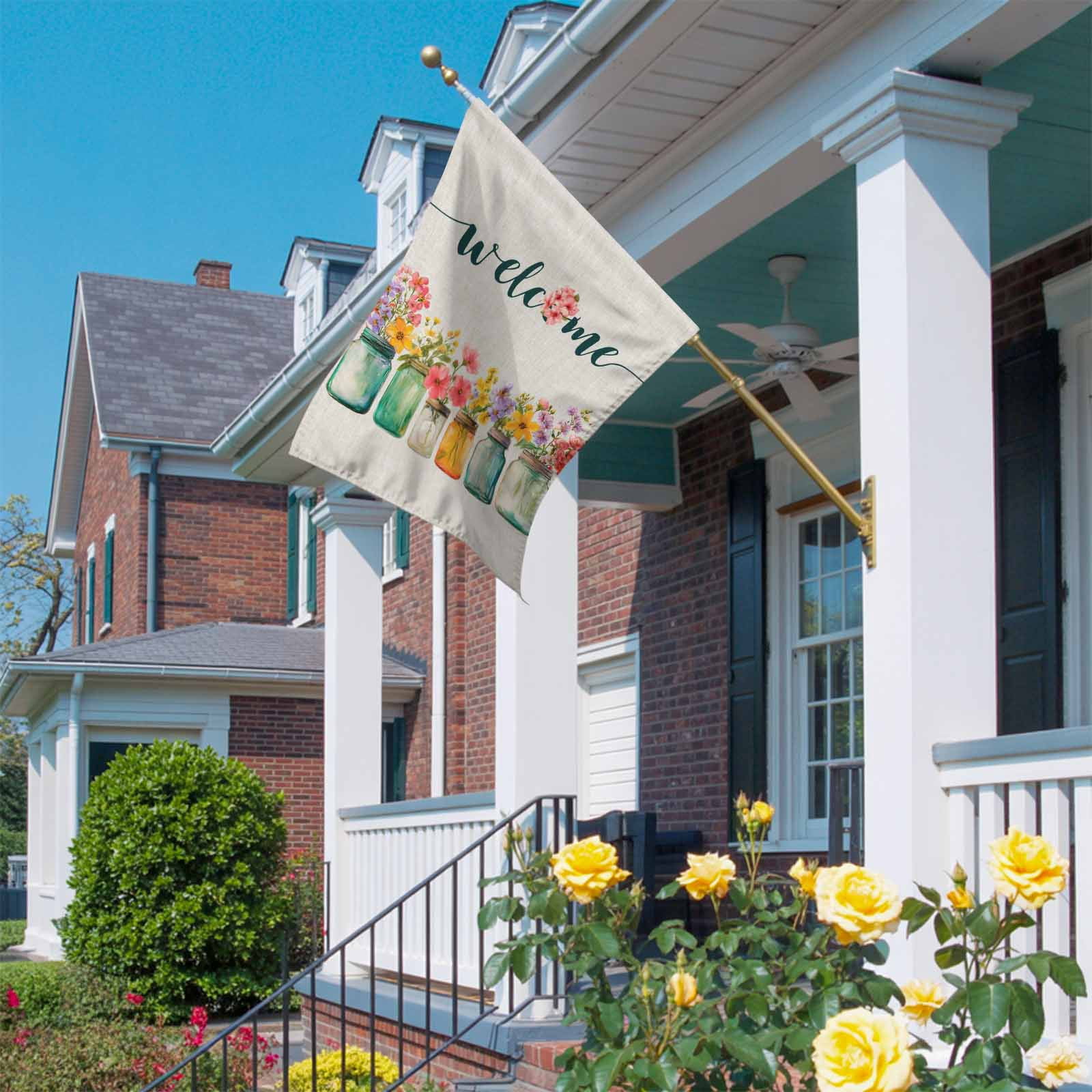 Welcome House Flag 28 x 40 Inches, Wildflowers Vintage Mason Jars Farmhouse Retro Weather Proof Outdoor Patio Flags Double Sided Small House Decoration for Yard Lawn Outside Home