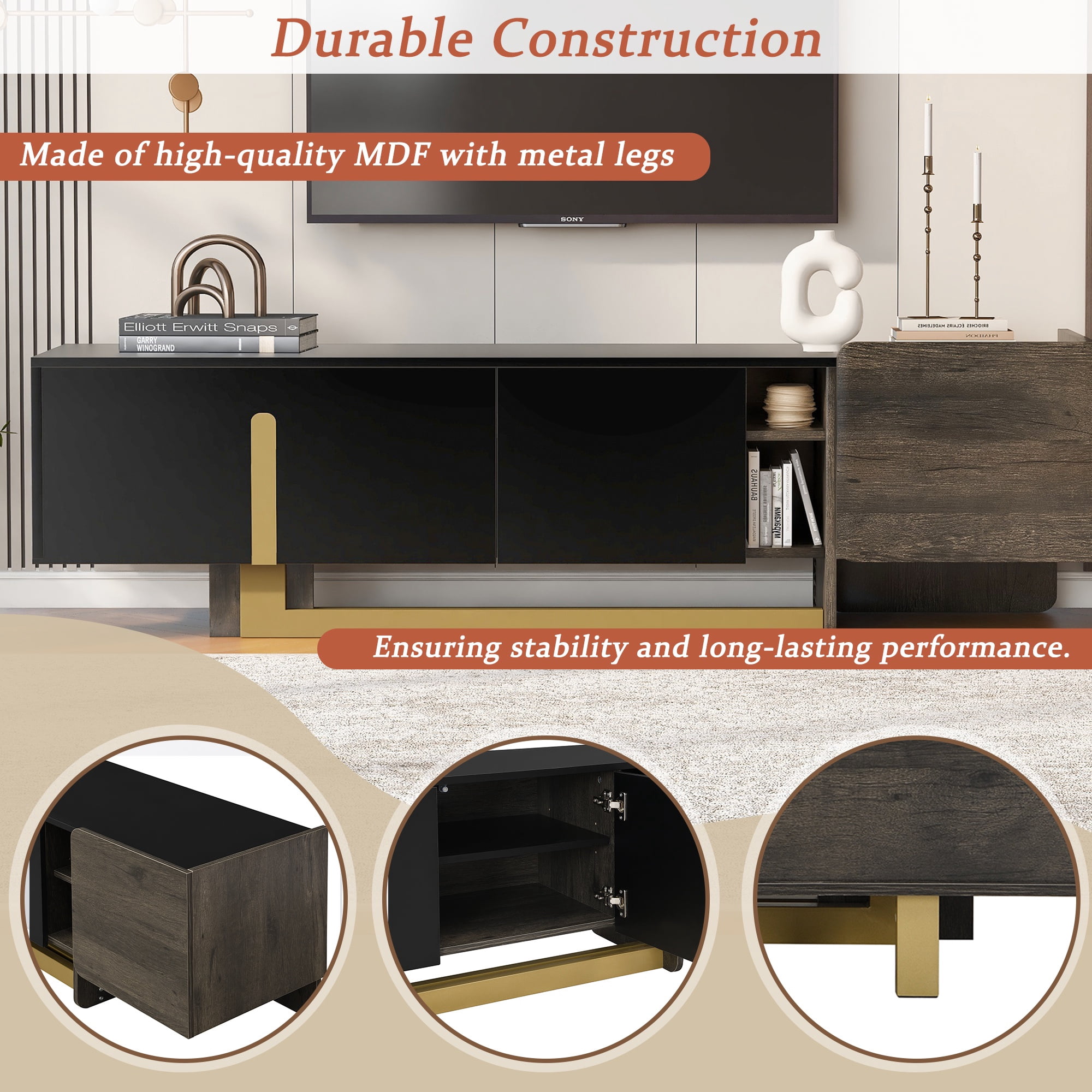 PORKISS Modern TV Stand for TVs up to 70 Inches, Wood TV Console with Gold Metal Base, Media Console Cabinet with Drawer & Adjustable Shelves, for Living Room, Black