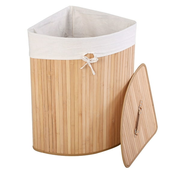 Costway Corner Bamboo Hamper Laundry Basket Washing Cloth Bin Storage Bag Lid Natural