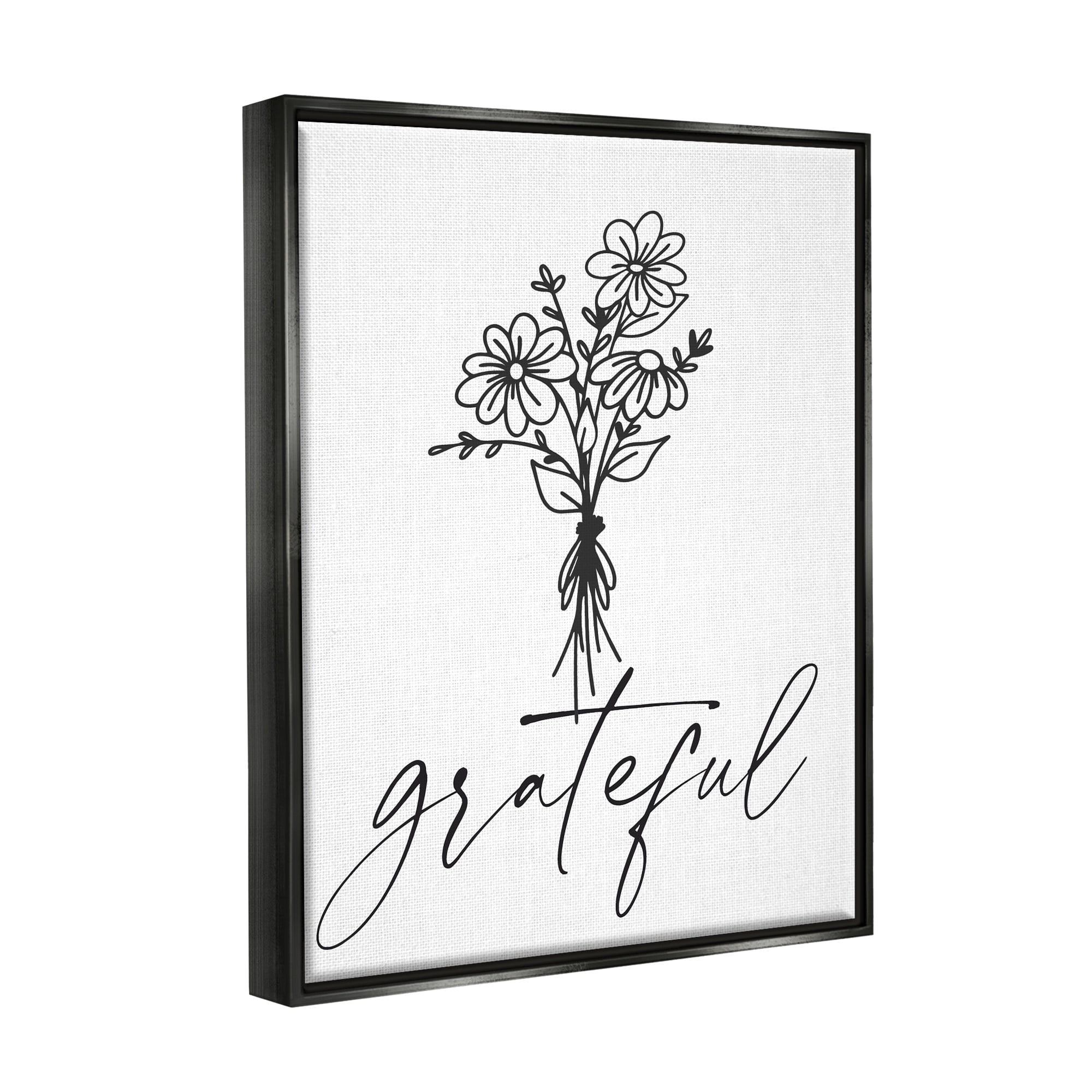 Stupell Industries Grateful Casual Script Calligraphy Floral Daisies Bouquet Graphic Art Jet Black Floating Framed Canvas Print Wall Art, Design by Lettered and Lined