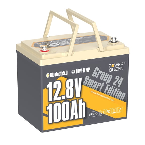Power Queen 12V 100Ah Smart Group 24 Lithium LiFePO4 Battery with Bluetooth 5.0, Low-Temp Cut Off for RV,Trolling Motor,Solar
