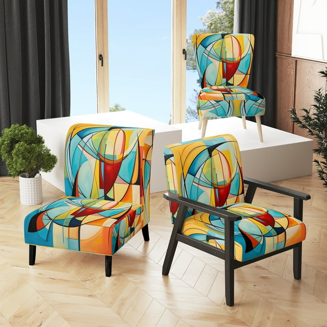 Designart "Colorful 0 Mid Century Abstract quintessence I" Multi-Color Mid-century Upholstered Accent Chair - Mid-Century Modern Arm Chair For Bedroom