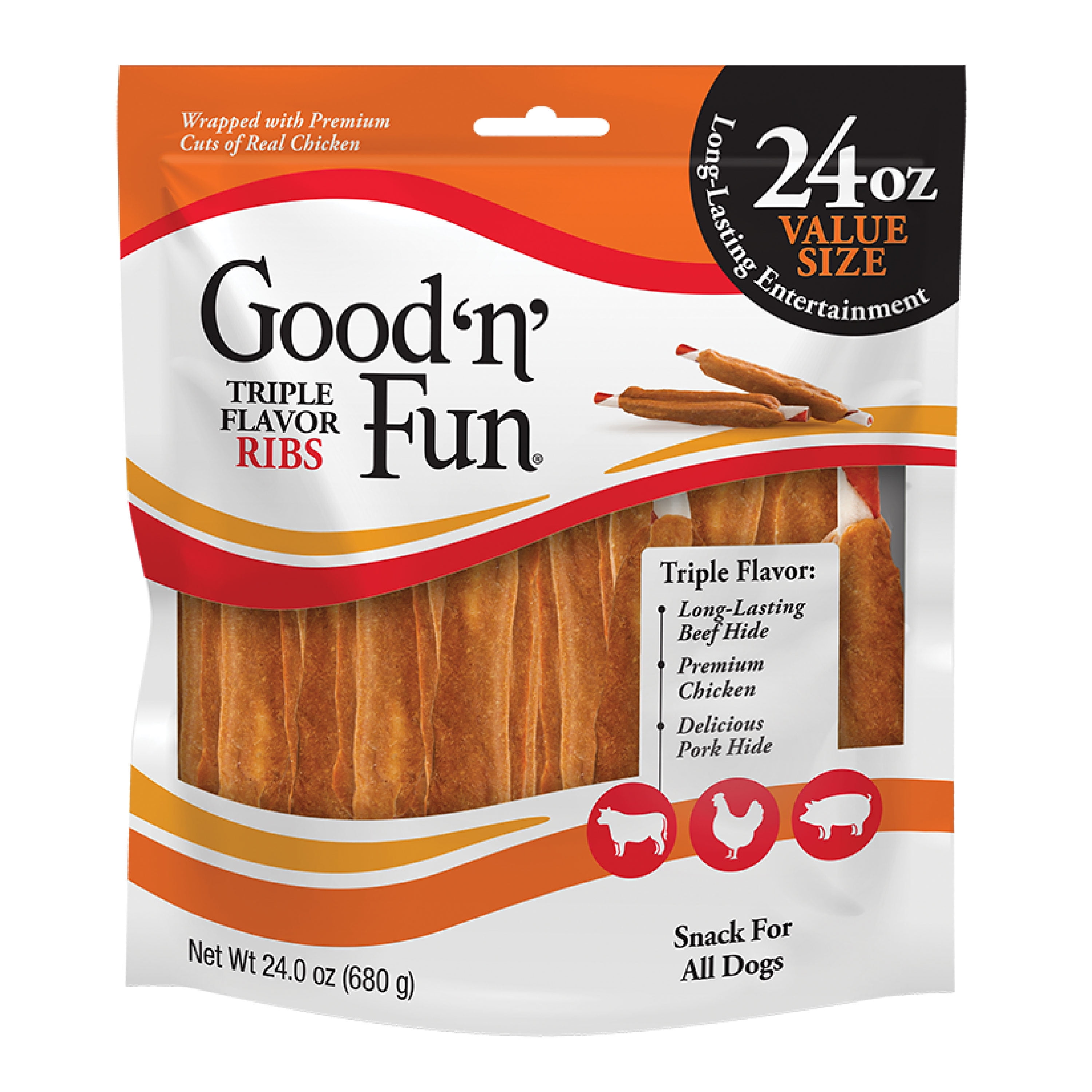 (6 pack) Good 'n' Fun Triple Flavor Ribs, Rawhide Chews for All Dogs, 24 oz.