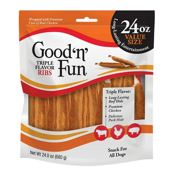 Good 'n' Fun Triple Flavor Ribs, Rawhide Chews for All Dogs, 24 oz.