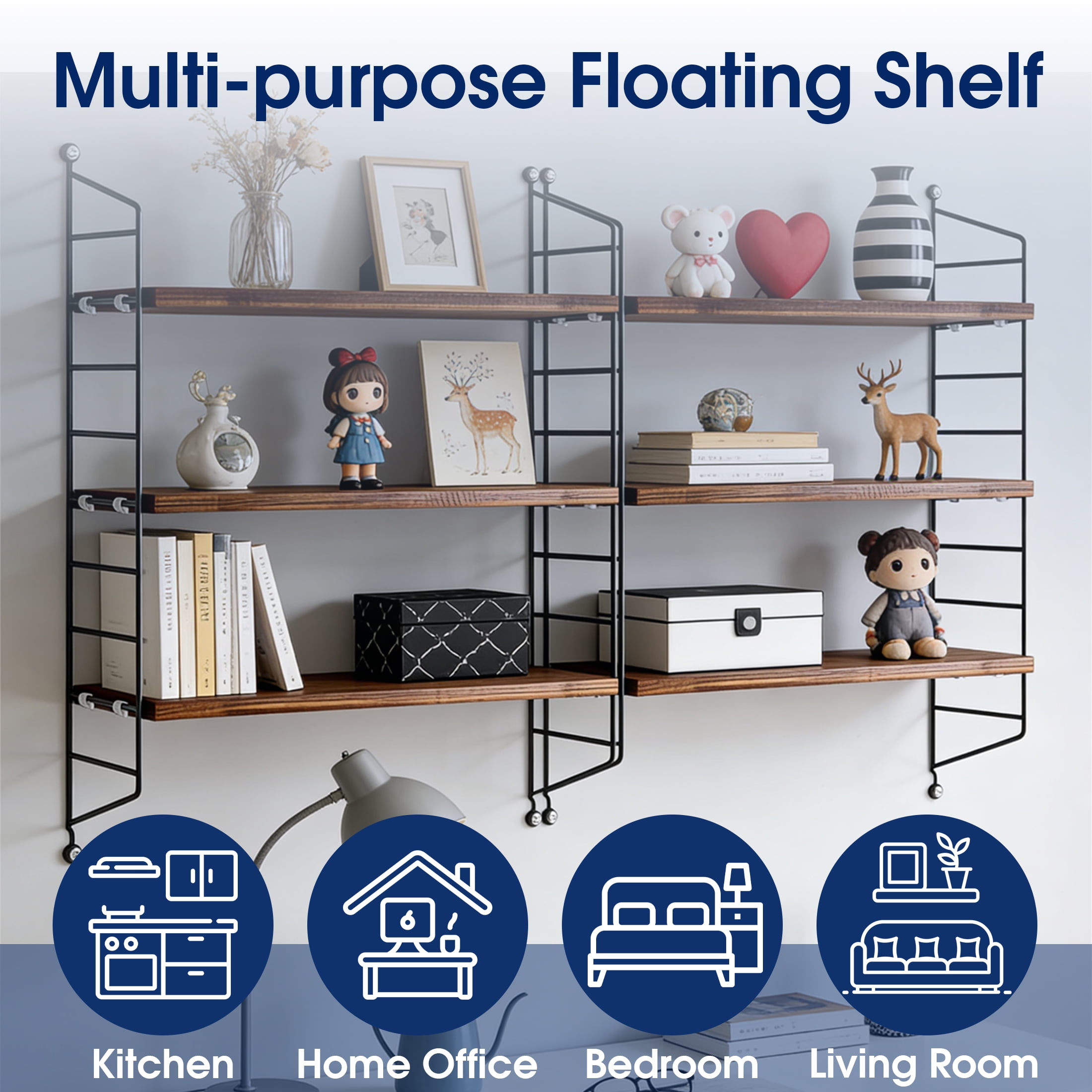 GARITIN Floating Shelves for Wall, 3-Tier Wall Shelves with Adjustable Shelf, Wood Storage Shelf for Books, Room Decor, Hanging Shelf for Living Room, Bedroom