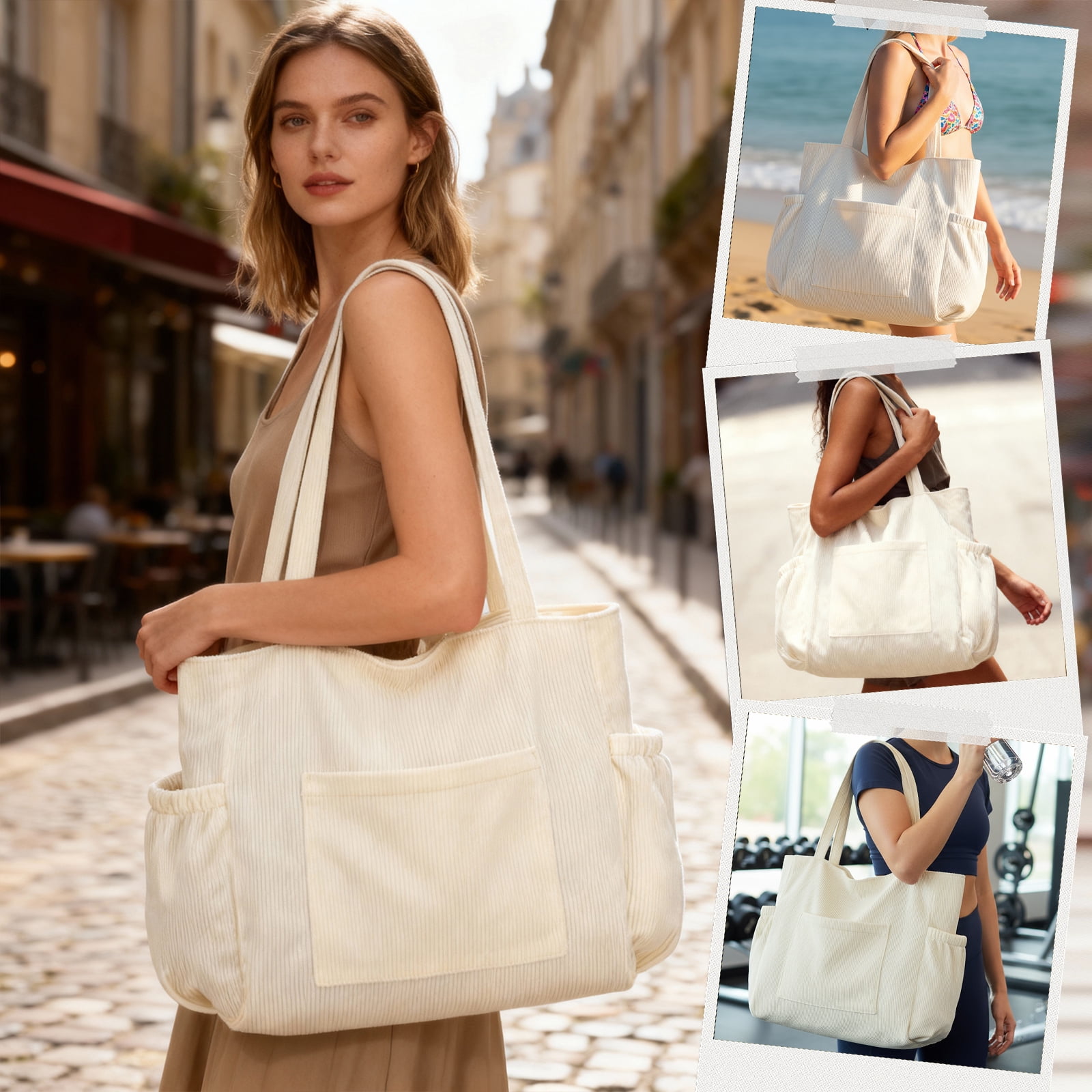 Gocvo Multiple Pockets Corduroy Bag, Large Tote Bag for Women, Ladies Bag Casual Hobo Handbags(Beige)