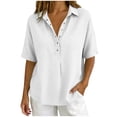 thumbnail image 4 of Naotn Summer Shirts for Women Fashion Casual Loose Fit Solid Color Snap Button Lapel Neck Short Sleeve Tops Trendy Vacation Beach Blouses, 4 of 7