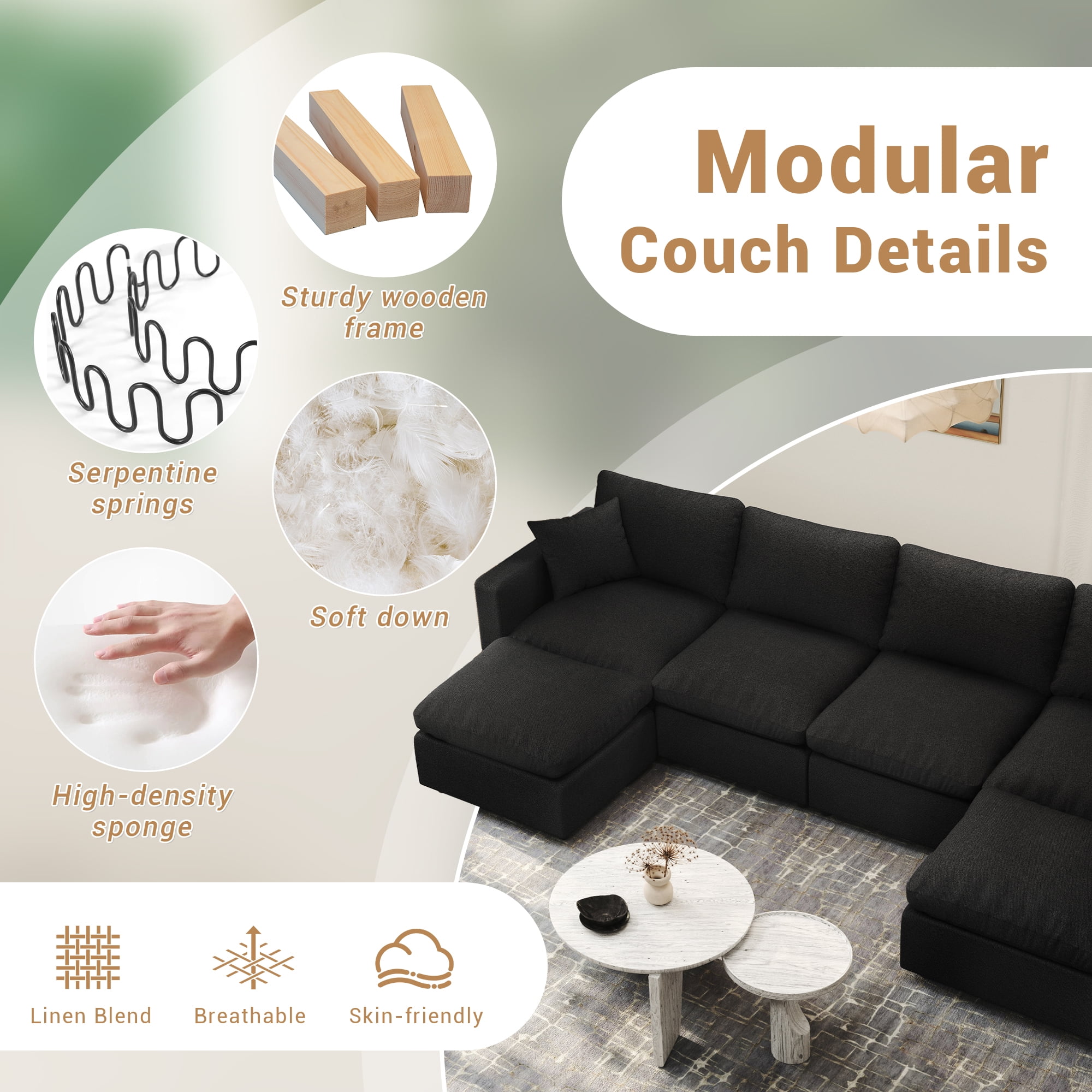 Gtilzria Cloud Modular Sectioanl Sofa Couch, Comfy Modern Sectioanl Cloud Couch Modular Down Filled Sofa with Ottoman for Living Room Apartment Office, Black