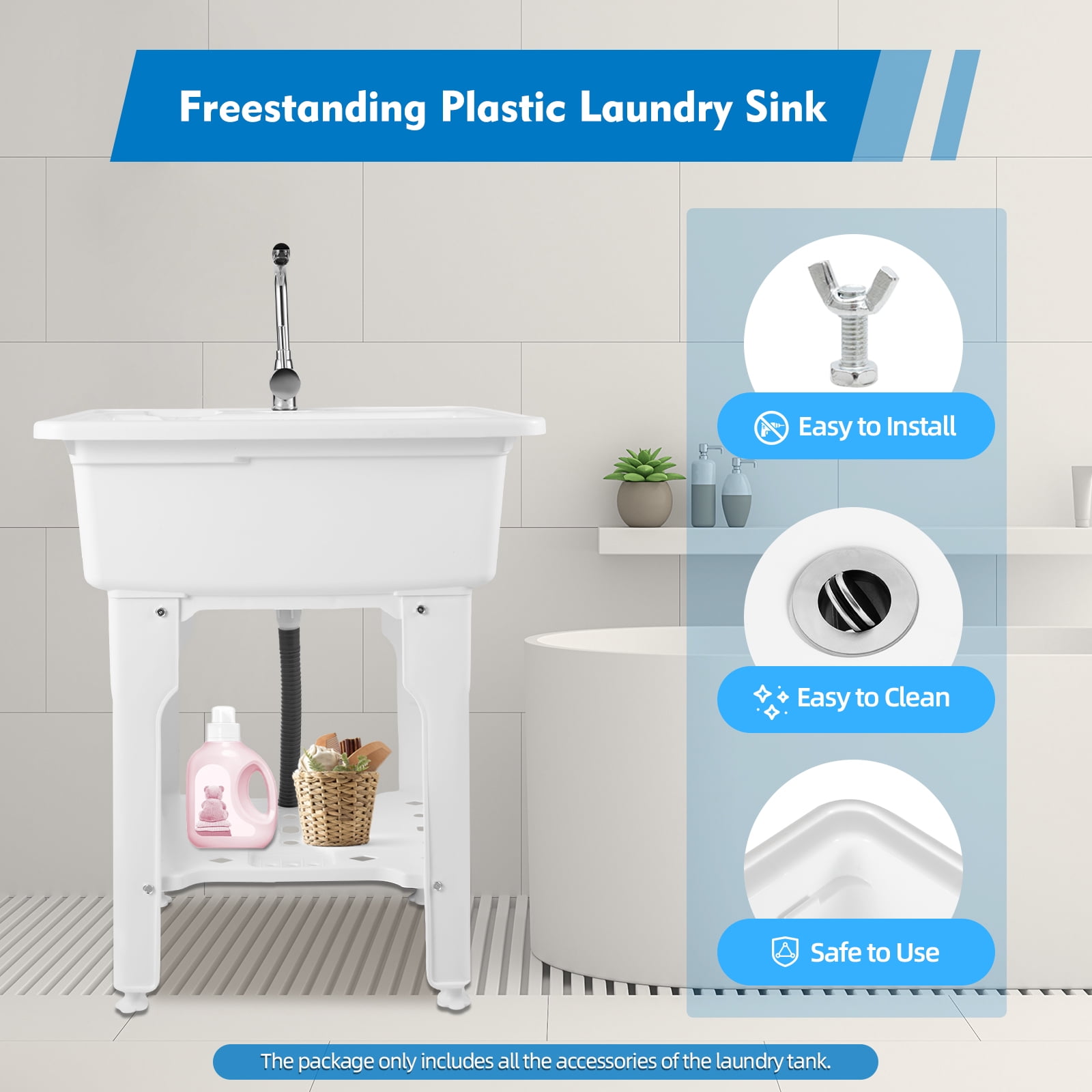 ChicHomey Freestanding Plastic Laundry Sink with Washboard,Pet Bath & Storage Rack,Outdoor Utility Sink  with Hot and Cold Faucet, for Laundry Room, Garage, Basement