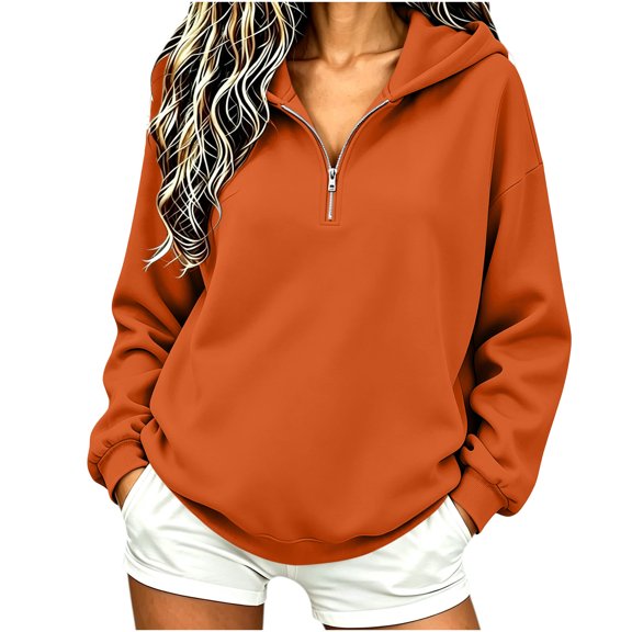 Half Zip Hoodies for Women - Oversize Long Sleeve Hooded Sweatshirt - Fall Loose Casual Pullover Tops Daily Wear