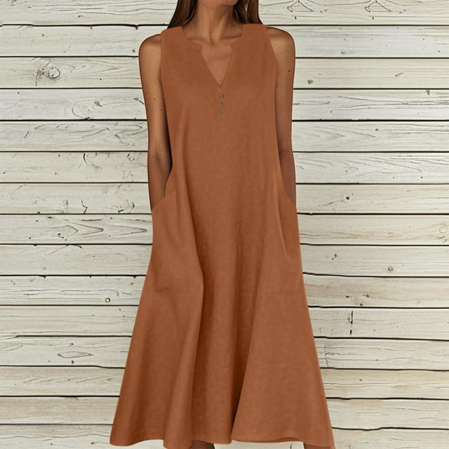 Robes Femmes, Robes d'Été pour Femmes Couleur Unie Sans Manches Bouton Col en V Robes Longueur Genou avec Poches