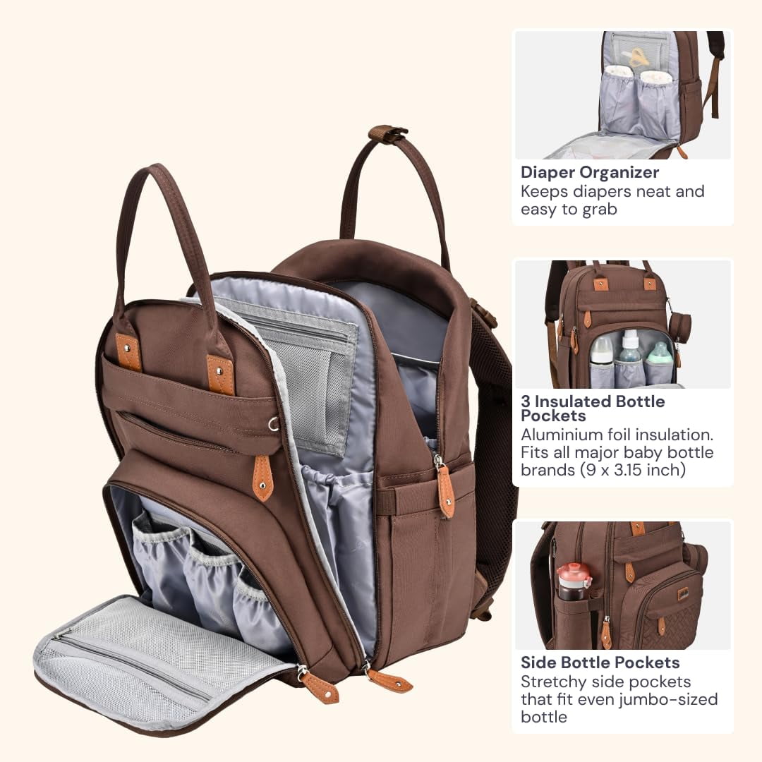BabbleRoo Diaper Bag Backpack, Waterproof Original Backpack with Premium Changing Pad Set –Coffee