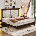 thumbnail image 2 of Lifezone Queen Solid Wood Platform Bed Frame, Tufted Headboard & Footboard with Charging Station, Noise-Free, Walnut Brown, 2 of 7